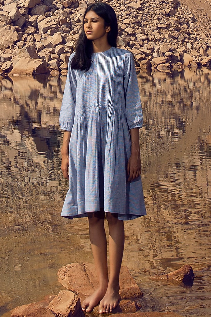 Blue Yarn-Dyed Pintucked Dress by Khara Kapas