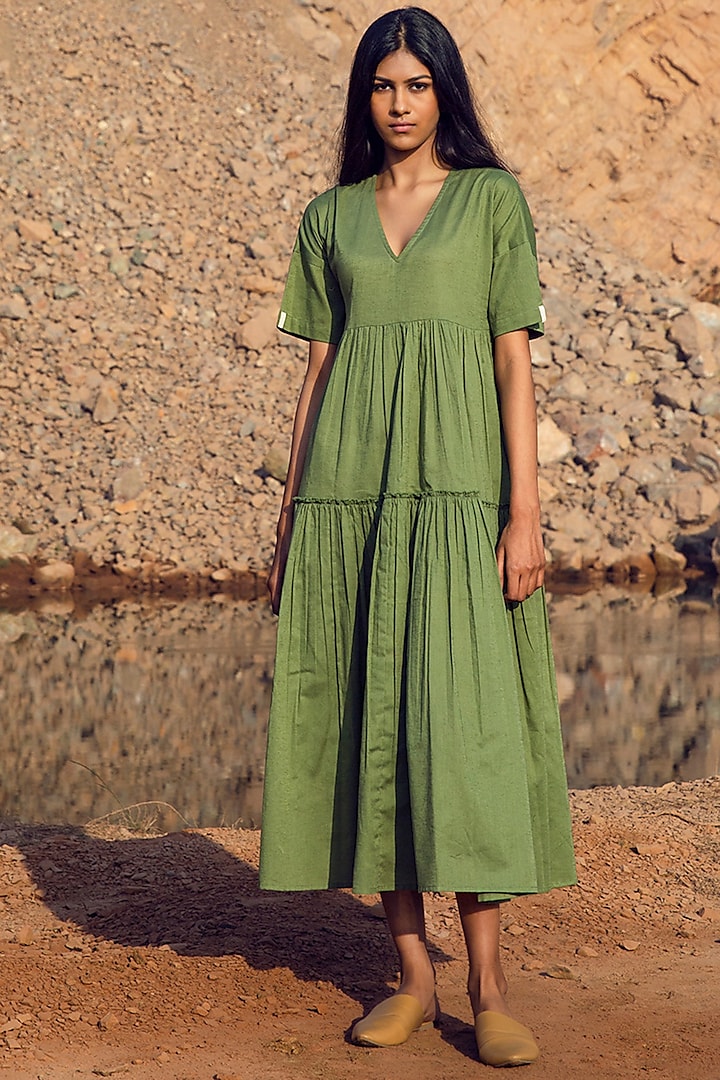 Sap Green Khadi Tiered Midi Dress by Khara Kapas