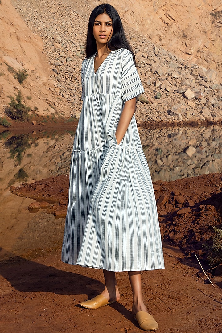 Grey & White Striped Khadi Midi Dress by Khara Kapas