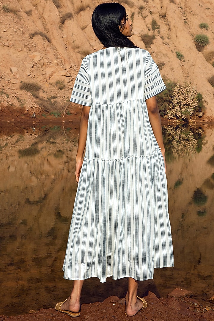 Grey & White Striped Khadi Midi Summer Dress by Khara Kapas at Pernia's Pop Up Shop