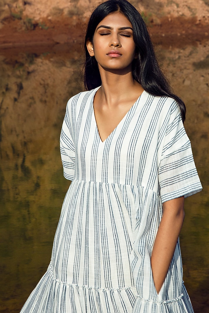 Grey & White Striped Khadi Midi Summer Dress by Khara Kapas at Pernia's Pop Up Shop