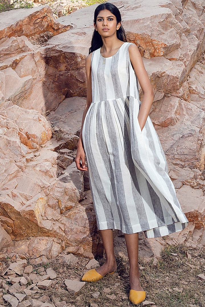 Grey & White Striped Khadi Dress by Khara Kapas