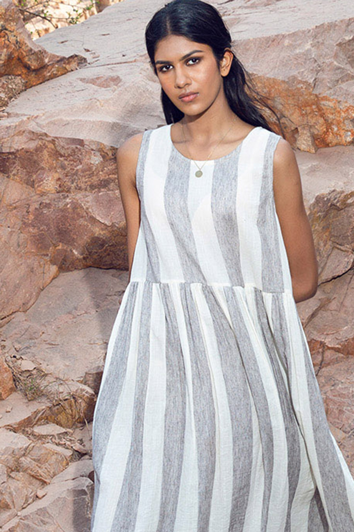 Grey and white store striped linen dress