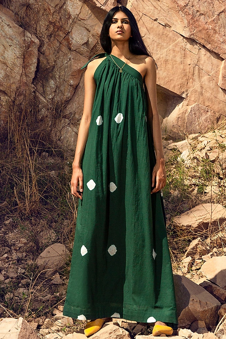 Deep Green Tie-Up Gathered Dress by Khara Kapas