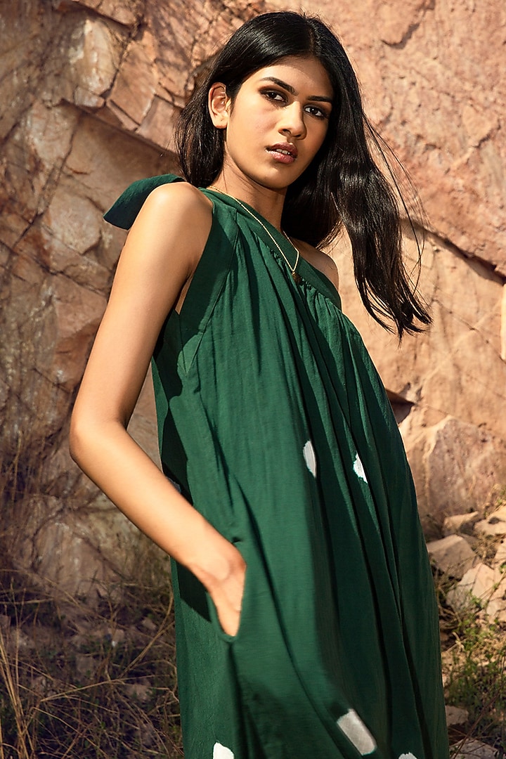 Deep Green Tie-Up Gathered Summer Dress by Khara Kapas at Pernia's Pop Up Shop