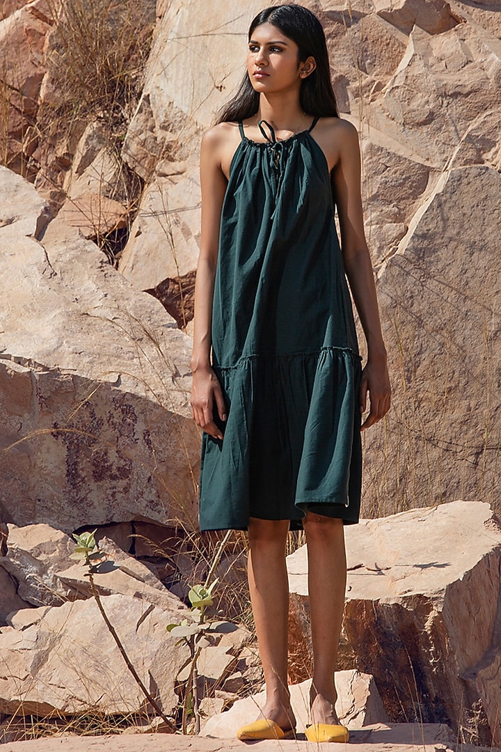 Deep Green Strapped Summer Dress With Drawstrings by Khara Kapas at Pernia's Pop Up Shop