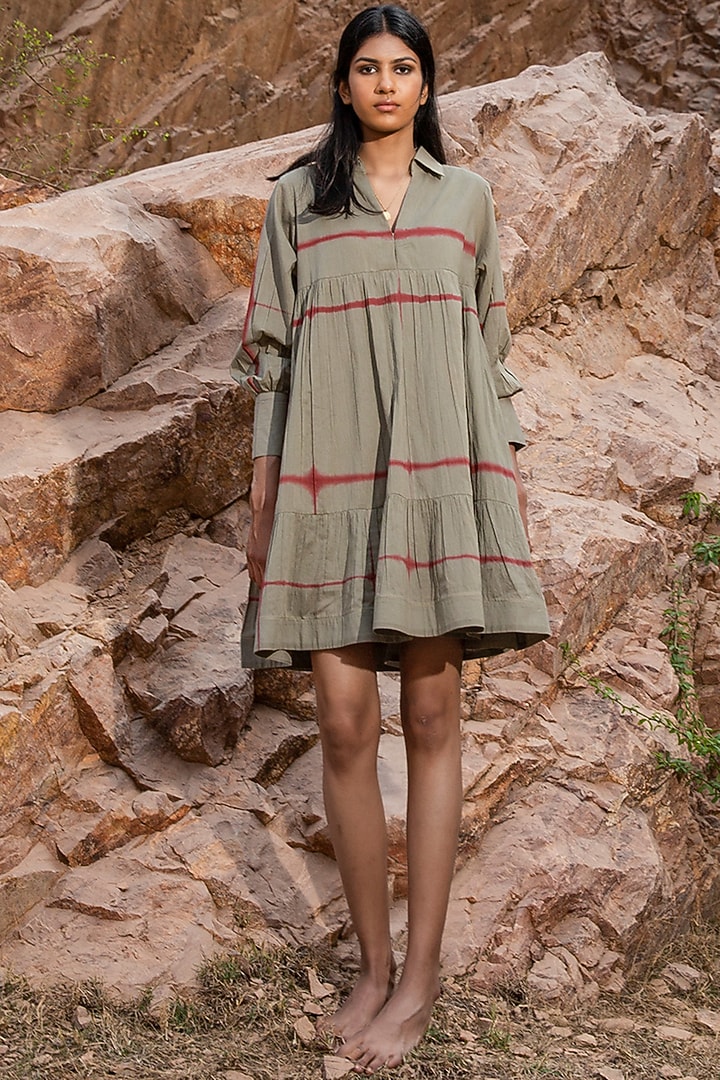 Pickle Green Shibori Collared & Tiered Summer Dress by Khara Kapas at Pernia's Pop Up Shop