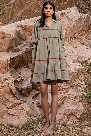 Pickle Green Shibori Collared & Tiered Dress by Khara Kapas
