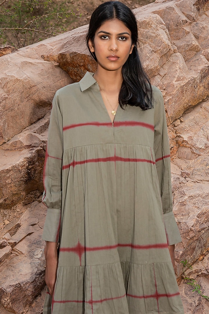 Pickle Green Shibori Collared & Tiered Summer Dress by Khara Kapas at Pernia's Pop Up Shop