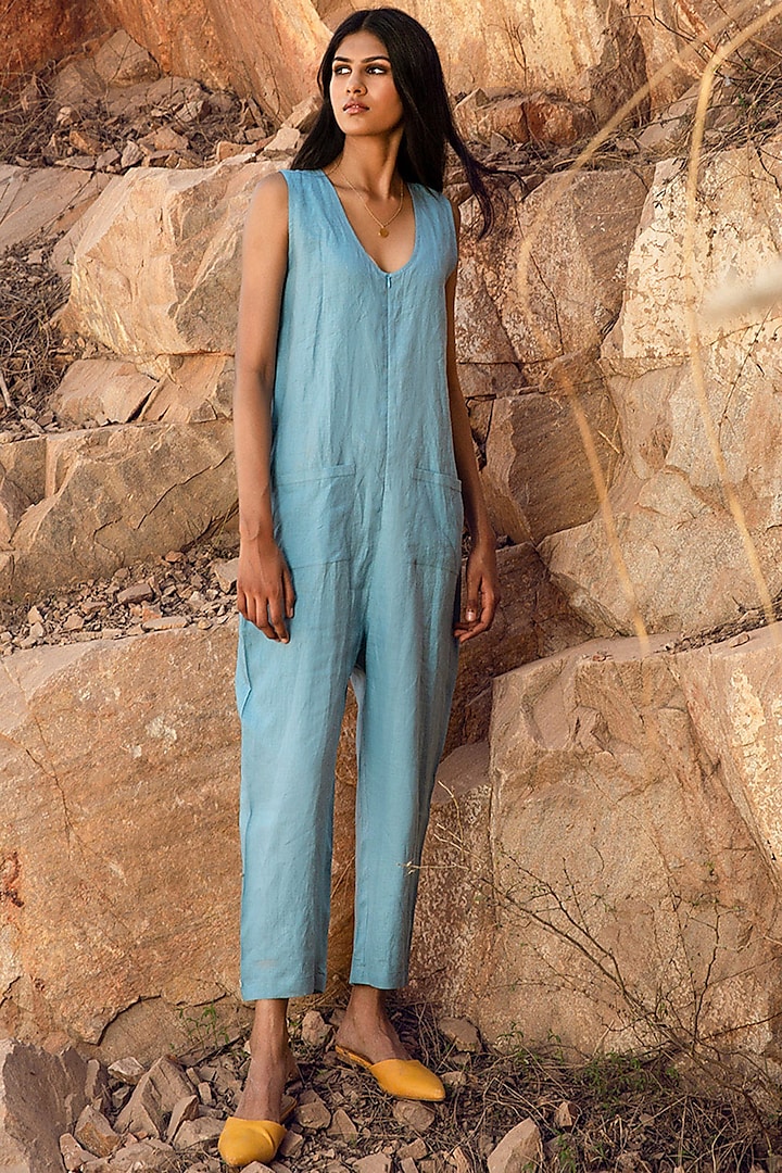 Ice Blue Jumpsuit With Pockets by Khara Kapas