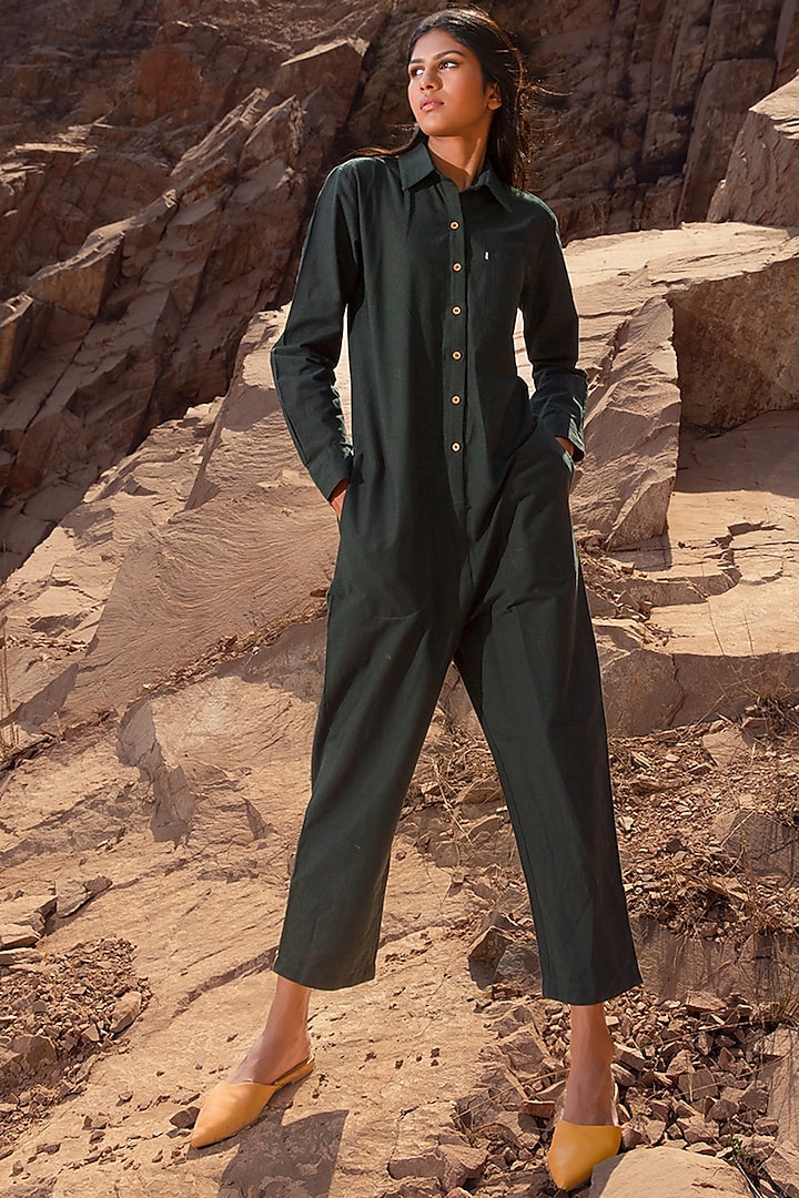 Army Green Jumpsuit With Side Pockets by Khara Kapas