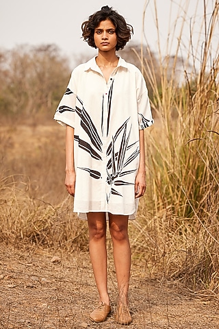 Off-White Cotton Mul Floral Printed Shirt Dress by Khara Kapas