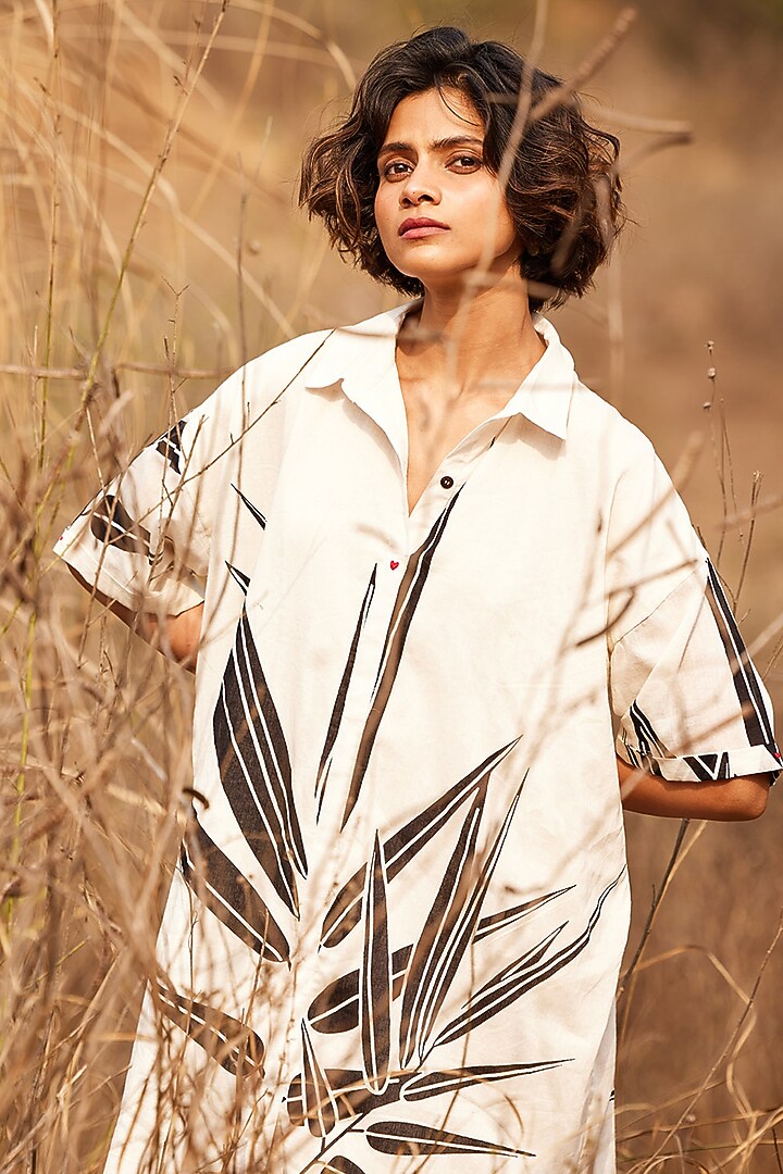 Off-White Cotton Mul Floral Printed Summer Shirt Dress by Khara Kapas at Pernia's Pop Up Shop