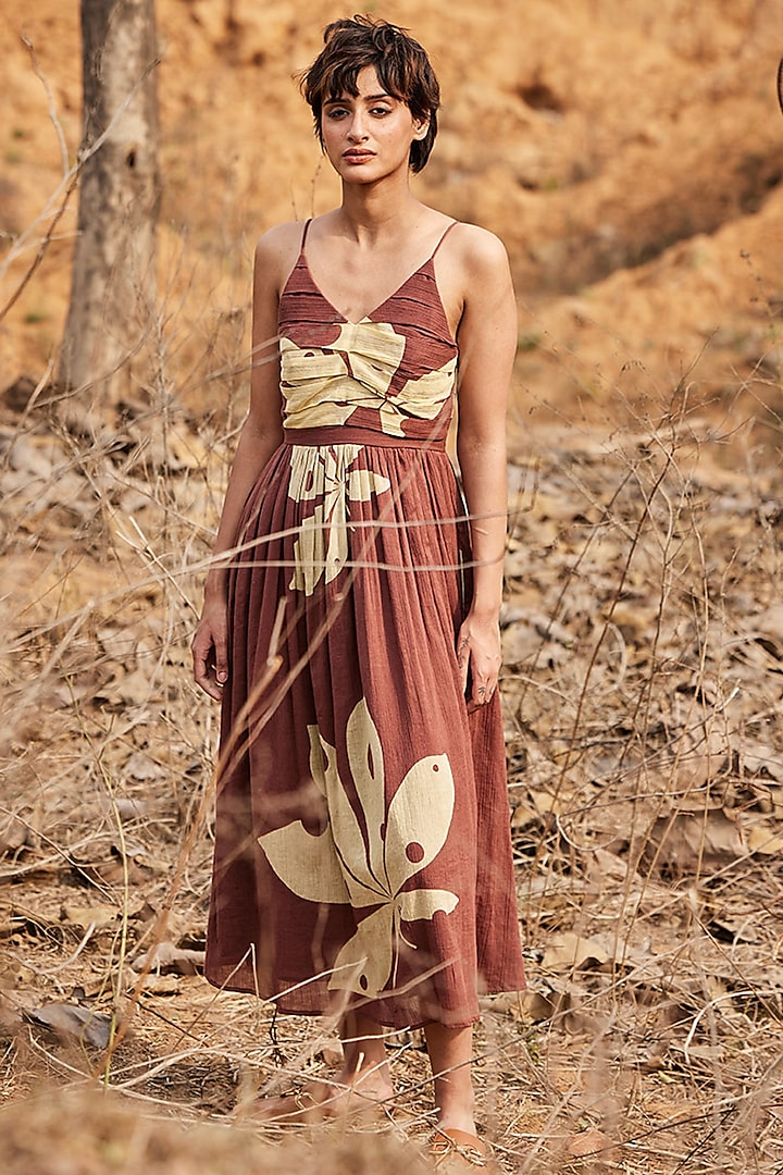 Brown Gauze Crinkled Cotton Floral Printed Maxi Dress by Khara Kapas