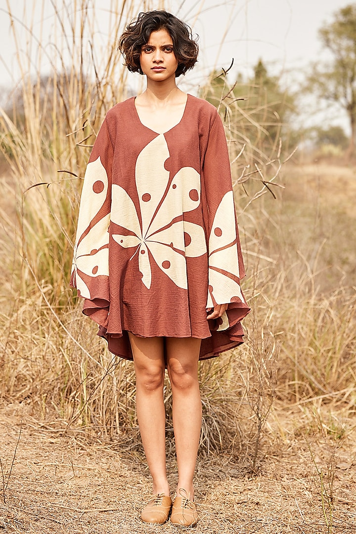 Brown Gauze Crinkled Cotton Floral Printed Flowy Dress by Khara Kapas