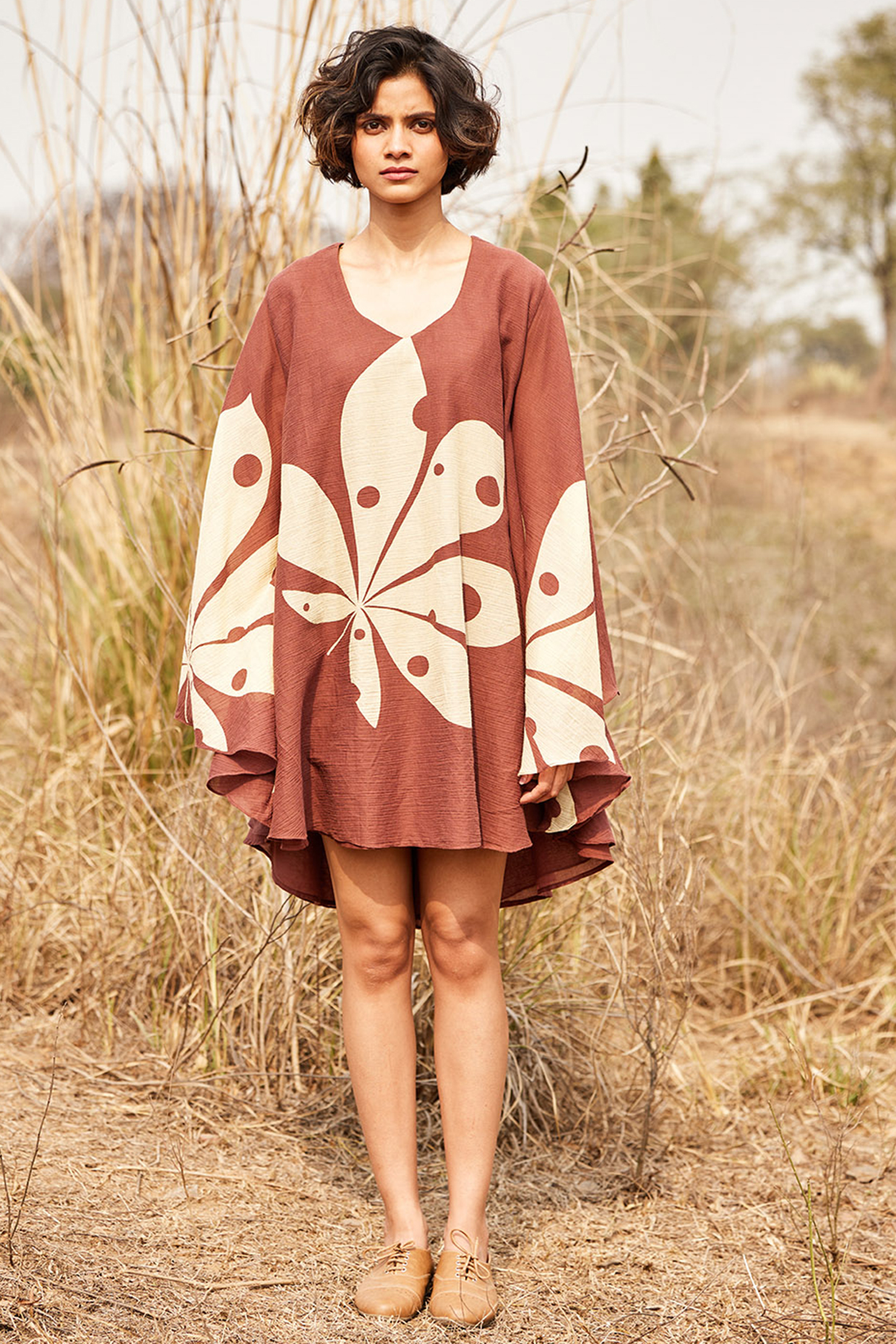Brown Gauze Crinkled Cotton Floral Printed Flowy Dress by Khara Kapas at Pernia s Pop Up Shop 2024