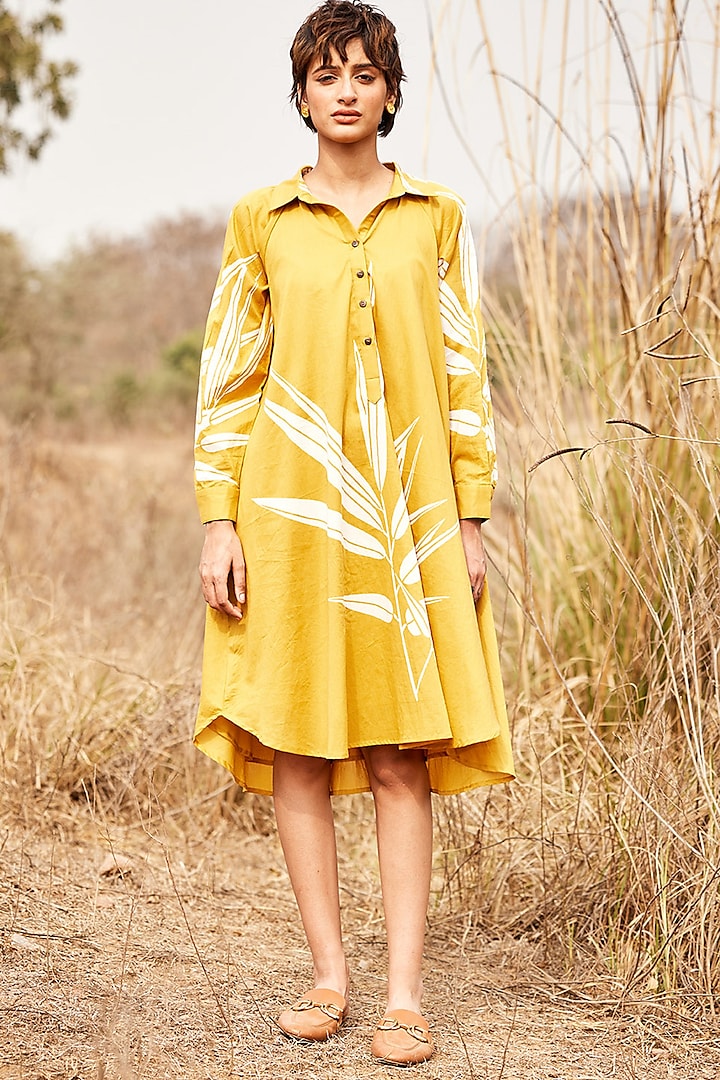 Mustard Yellow Cotton Mul Floral Printed Flowy Shirt Dress by Khara Kapas