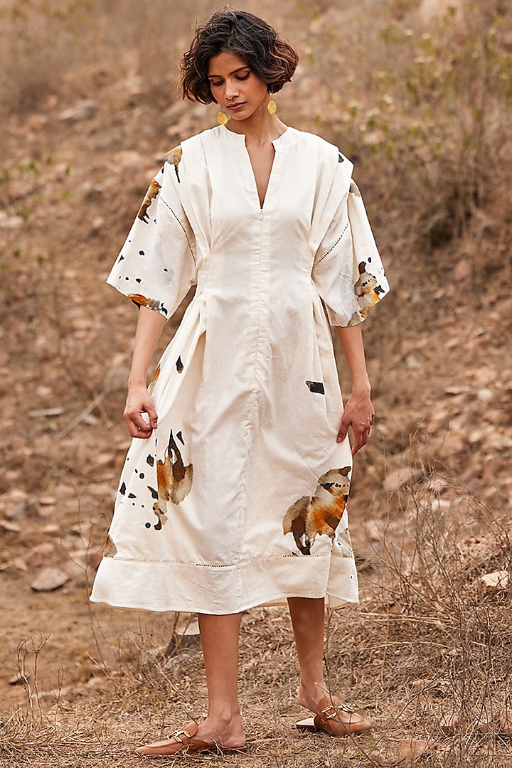 Off-White Cotton Mul Floral Printed Dress by Khara Kapas