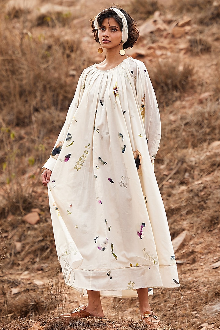 Off-White Cotton Mul Floral Printed Maxi Dress by Khara Kapas
