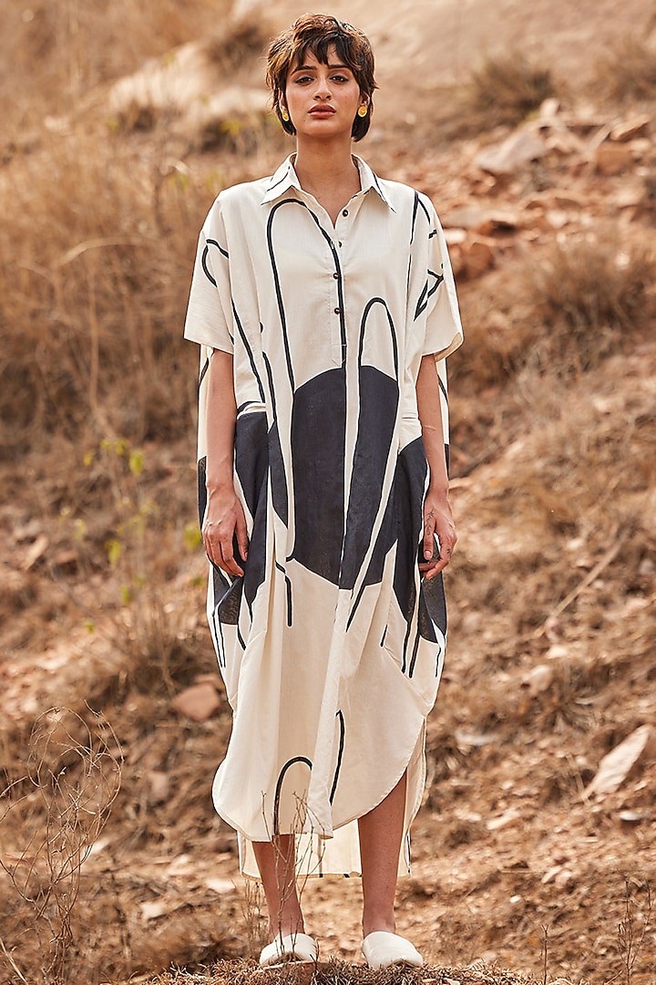 Off-White Cotton Mul Digital Printed Pleated Kaftan Dress by Khara Kapas