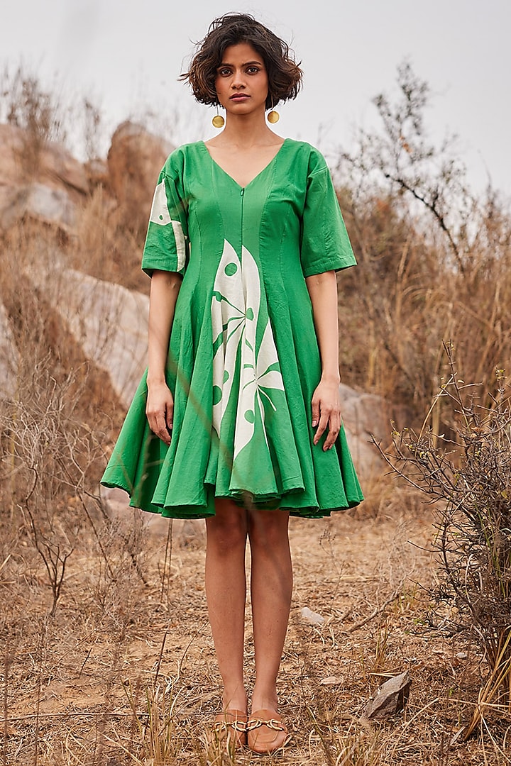 Leafy Green Cotton Mul Floral Printed Dress by Khara Kapas