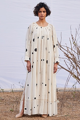 Off-White Cotton Mul Polka Printed Maxi Dress by Khara Kapas