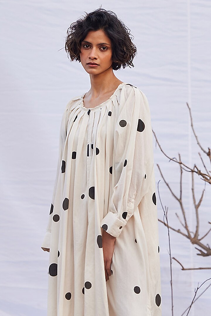 Off-White Cotton Mul Polka Printed Maxi Summer Dress by Khara Kapas at Pernia's Pop Up Shop