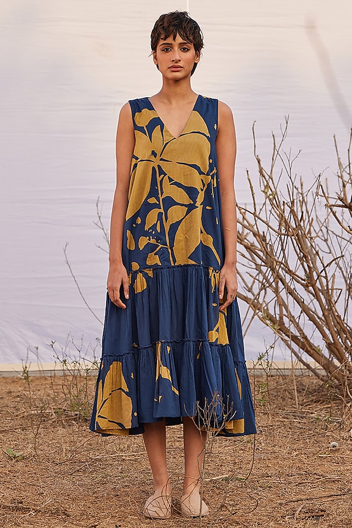 Deep Blue Cotton Mul Floral Printed Flowy Dress by Khara Kapas