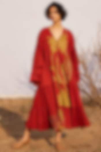 Brick Red Cotton Mul Printed Maxi Dress by Khara Kapas
