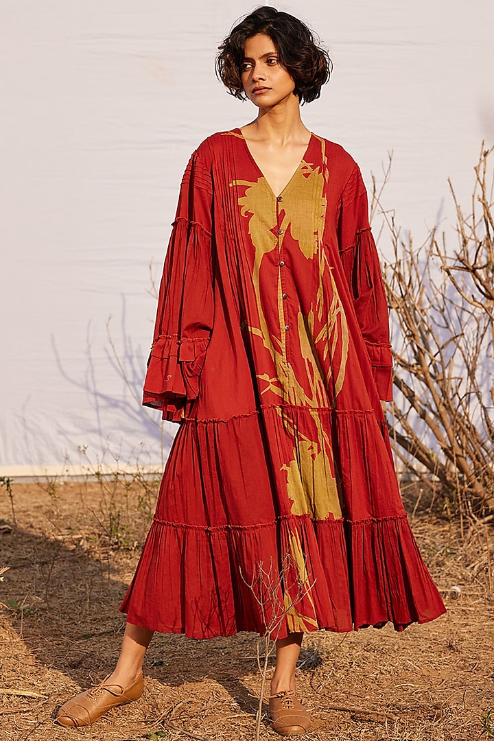 Brick Red Cotton Mul Printed Maxi Dress by Khara Kapas