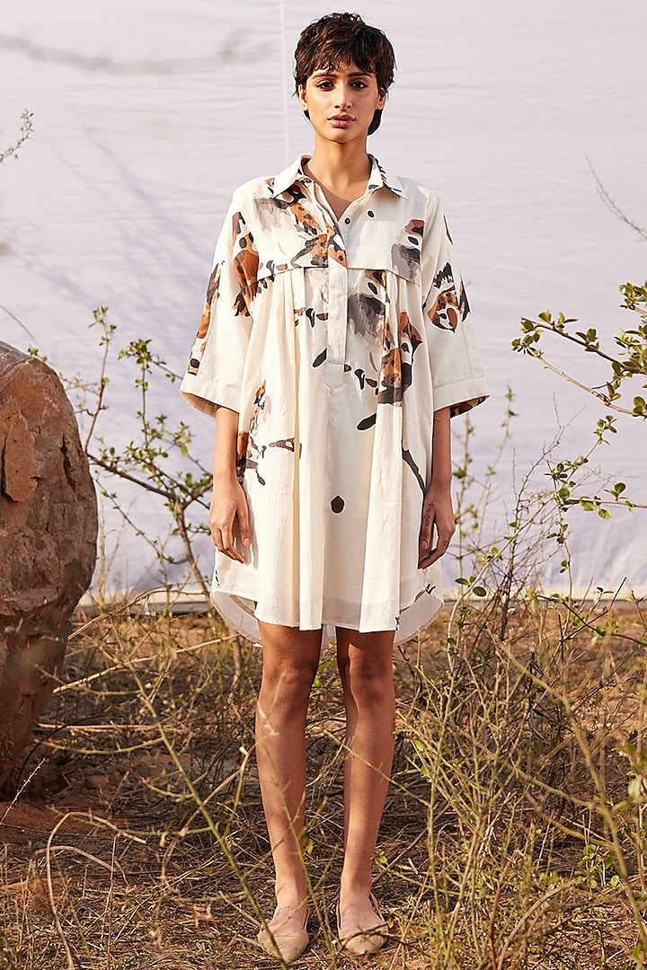 Off-White Cotton Mul Printed Mini Shirt Dress by Khara Kapas