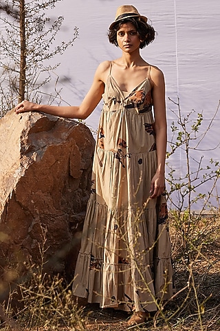 Oxford Beige Poplin Printed Maxi Dress by Khara Kapas