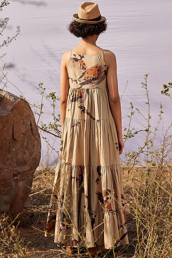Oxford Beige Poplin Printed Maxi Summer Dress by Khara Kapas at Pernia's Pop Up Shop