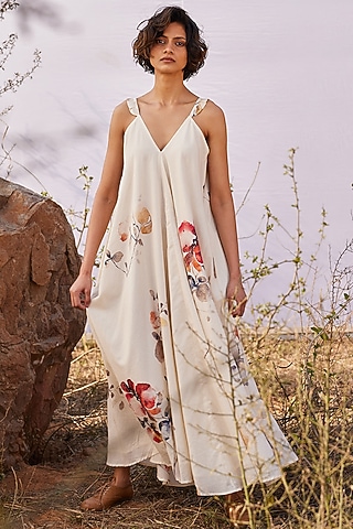 Off-White Cotton Mul Printed Maxi Dress by Khara Kapas