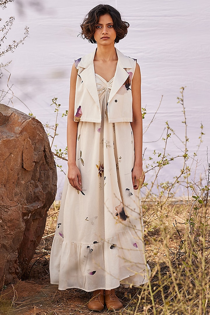 Off-White Cotton Mul Printed Maxi Dress by Khara Kapas