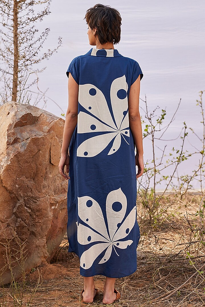 Deep Blue Cotton Mul Printed Maxi Summer Dress by Khara Kapas at Pernia's Pop Up Shop