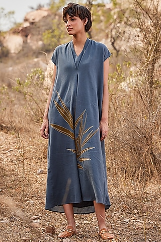 Grey Crinkled Cotton Printed Maxi Kaftan Dress by Khara Kapas