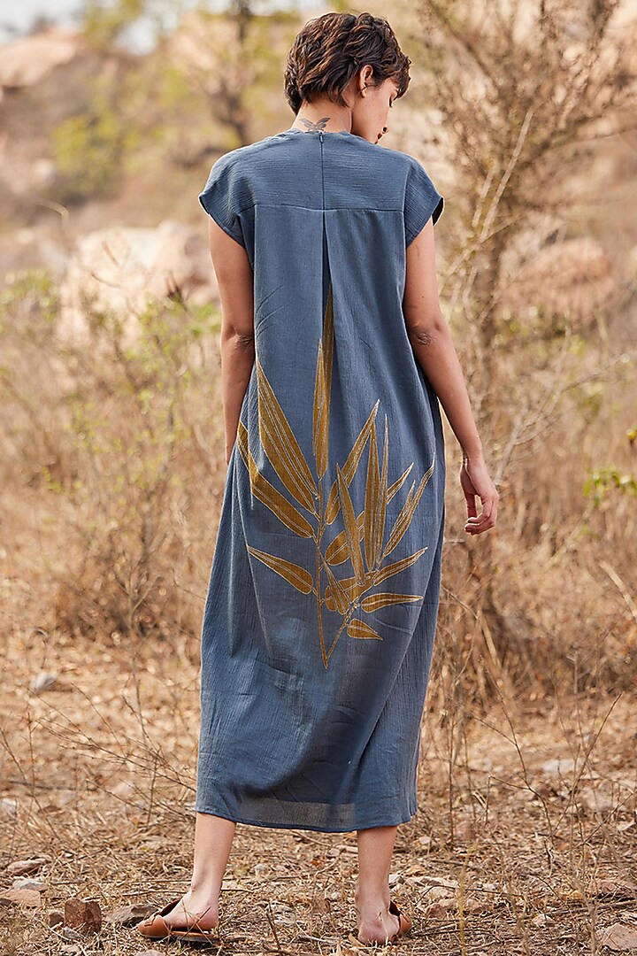 Grey Crinkled Cotton Printed Maxi Kaftan Summer Dress by Khara Kapas at Pernia's Pop Up Shop