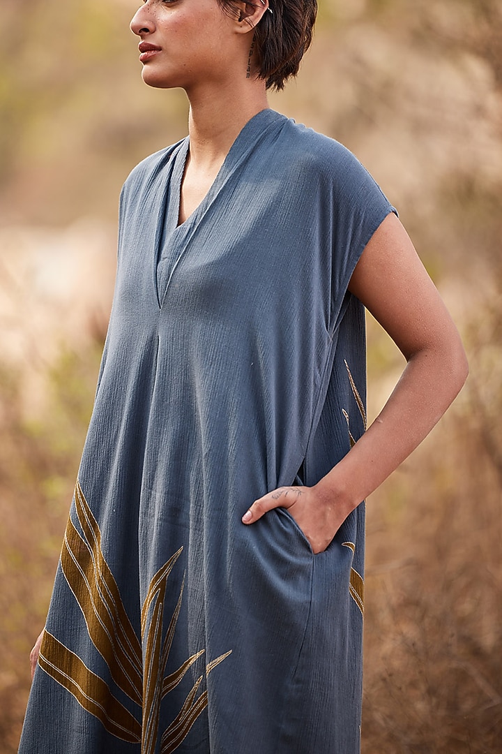 Grey Crinkled Cotton Printed Maxi Kaftan Summer Dress by Khara Kapas at Pernia's Pop Up Shop