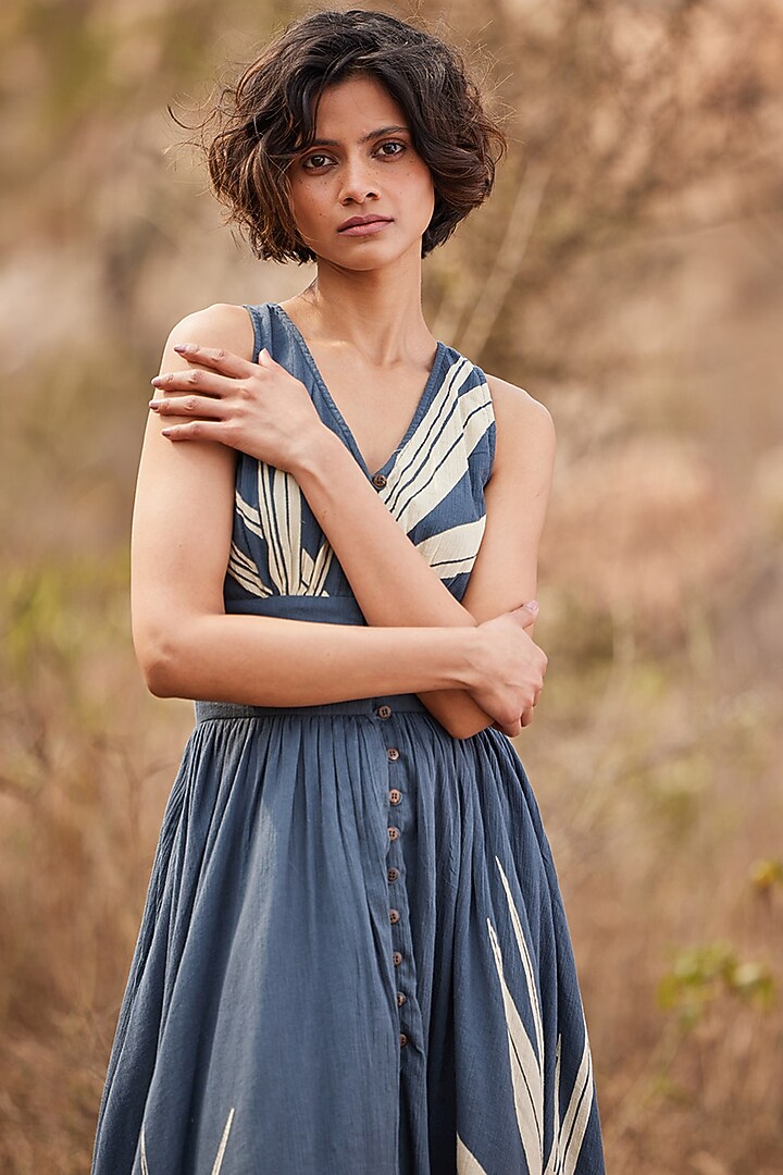 Grey Poplin Printed Maxi Summer Dress by Khara Kapas at Pernia's Pop Up Shop