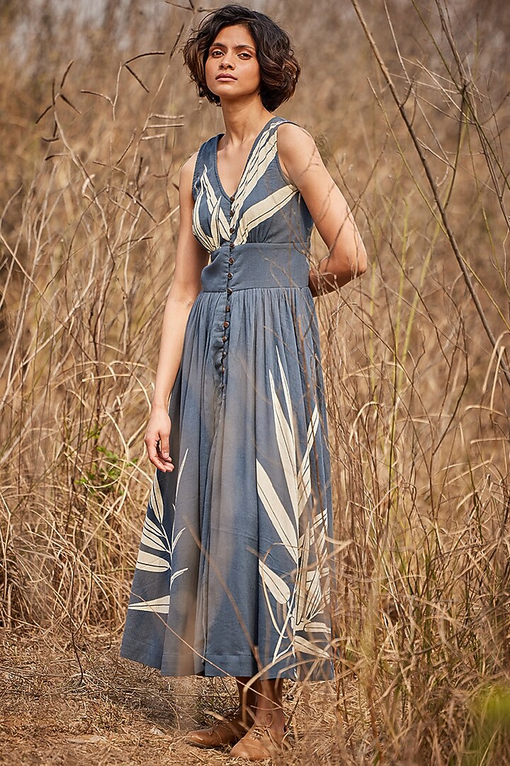 Grey Poplin Printed Maxi Summer Dress by Khara Kapas at Pernia's Pop Up Shop