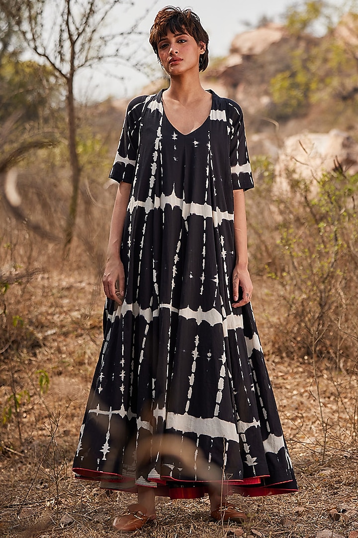Black Cotton Mul Shibori-Dyed Maxi Dress by Khara Kapas