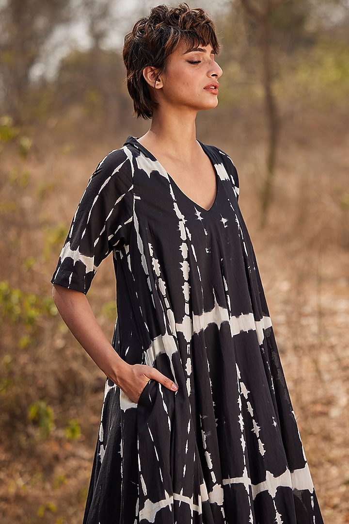 Black Cotton Mul Shibori-Dyed Maxi Summer Dress by Khara Kapas at Pernia's Pop Up Shop