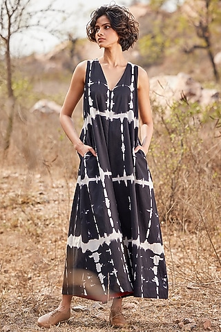 Black Cotton Mul Shibori-Dyed Jumpsuit by Khara Kapas