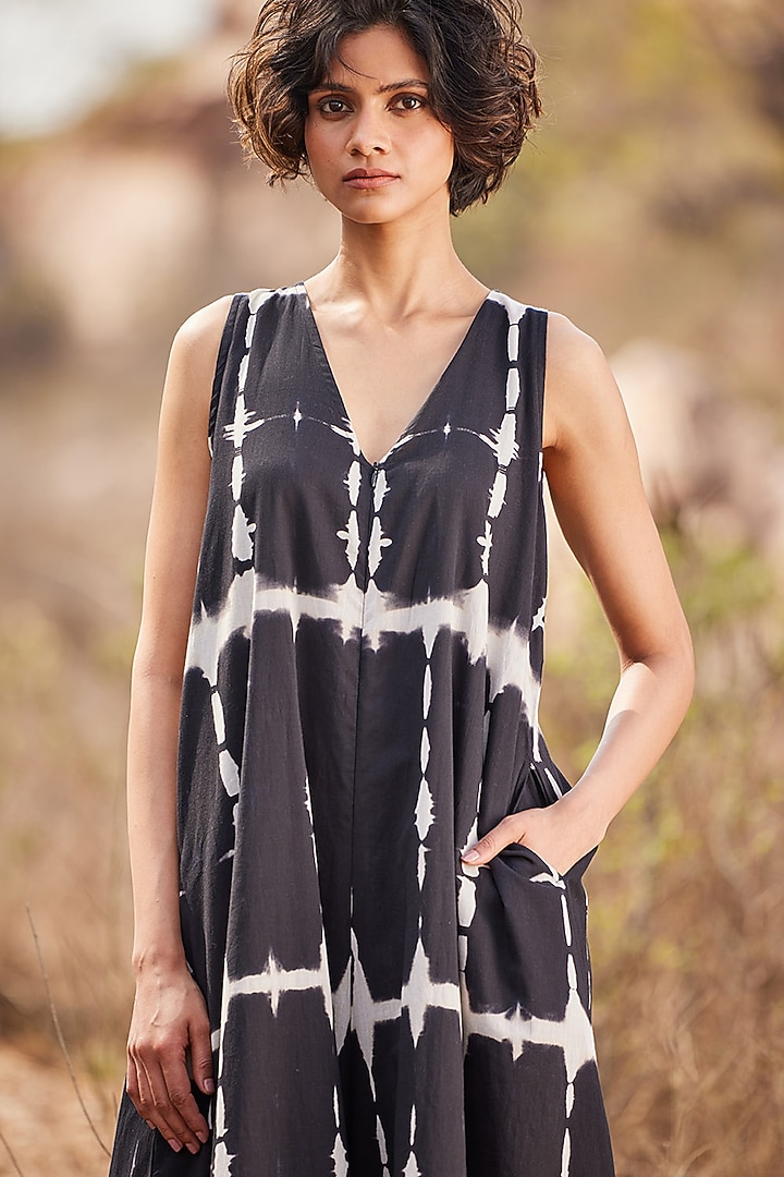 Black Cotton Mul Shibori-Dyed Jumpsuit by Khara Kapas at Pernia's Pop Up Shop