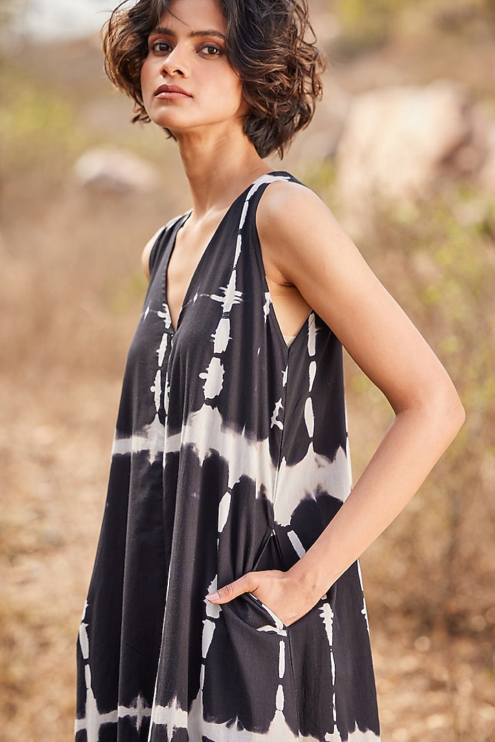 Black Cotton Mul Shibori-Dyed Jumpsuit by Khara Kapas at Pernia's Pop Up Shop