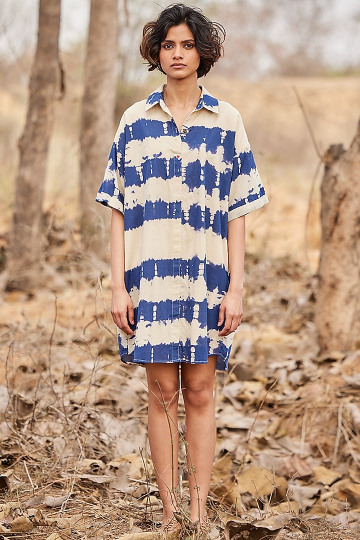 Off-White Cotton Mul Shibori-Dyed Mini Shirt Dress by Khara Kapas