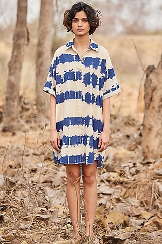 Off-White Cotton Mul Shibori-Dyed Mini Shirt Dress by Khara Kapas