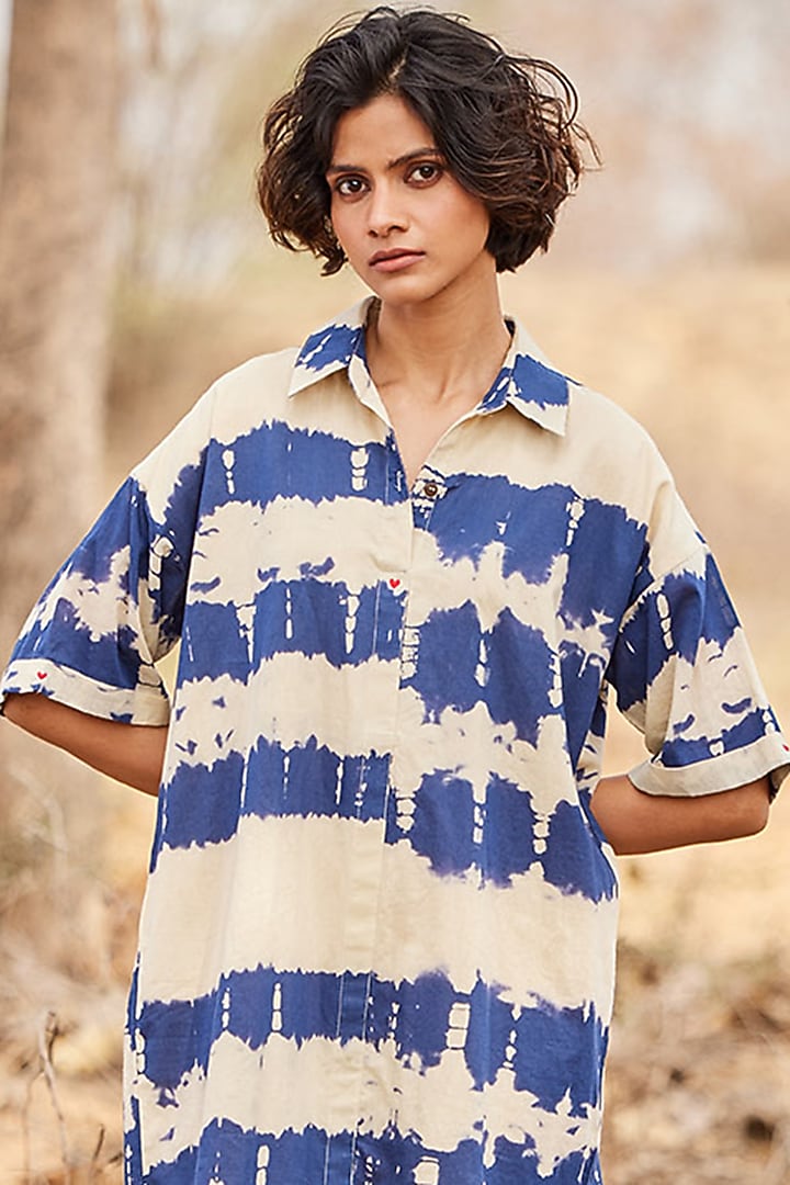 Off-White Cotton Mul Shibori-Dyed Mini Summer Shirt Dress by Khara Kapas at Pernia's Pop Up Shop