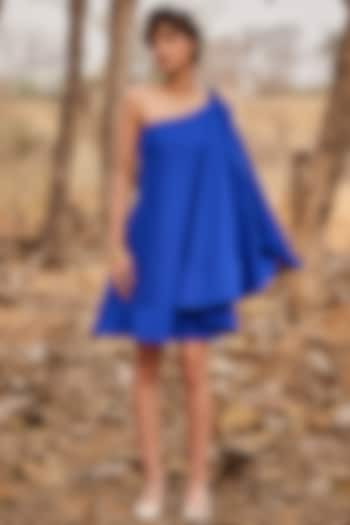 Electric Blue Poplin One-Shoulder Mini Dress by Khara Kapas